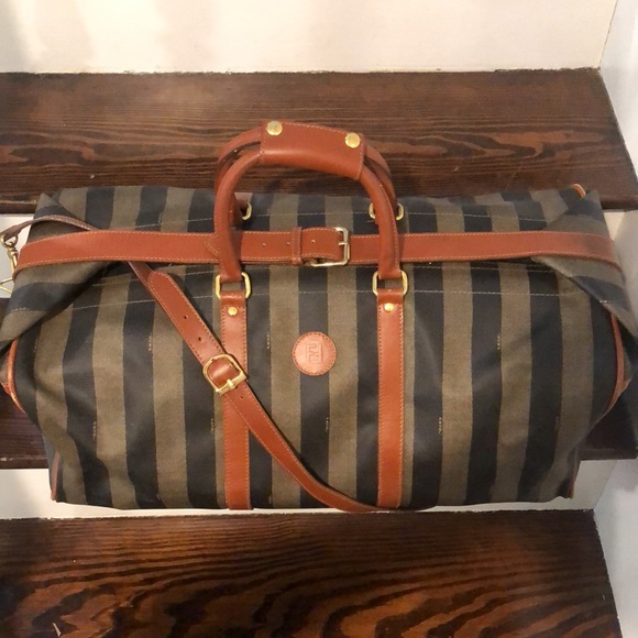 Fendi Handbags - FENDI Pequin Pecan Stripe Bandolier Boston Travel Bag Hinge Top